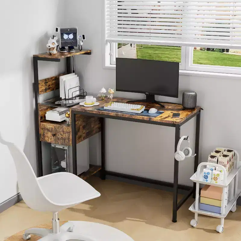 Okak 48IN Computer Desk with Metal Frame, Gaming Desk with Storage Shelves and 1 Drawer, Writing Desk for Living Room, Study