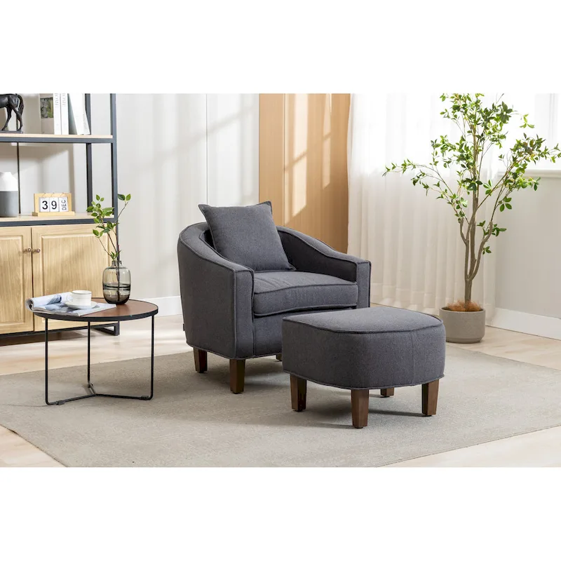 Mid-Century Upholstered Barrel Accent Round Arm Chair with Ottoman