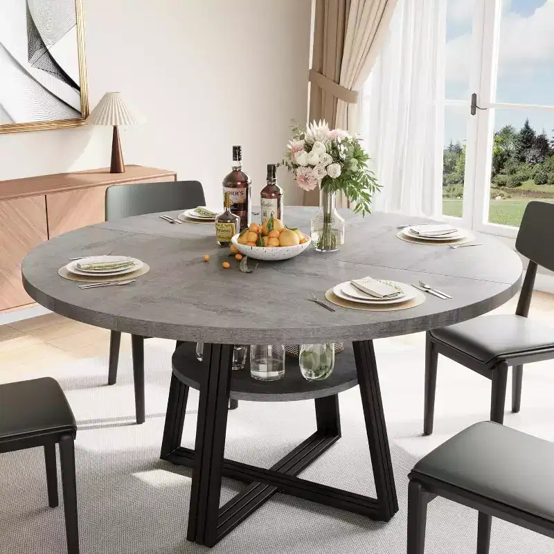 47-in Round Dining Table for 4-6 with Storage Shelf, Wood Top & Metal Cross Base, Space-Saving Kitchen & Dining Room Table
