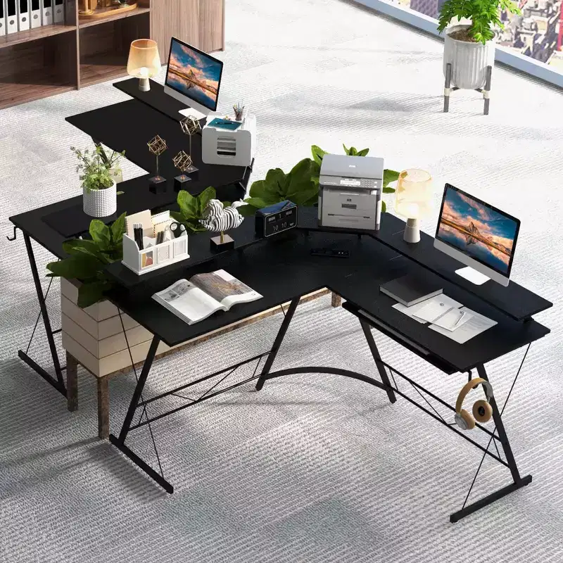 Costway L-shaped Computer Desk with Power Outlet 51 Corner Computer Workstation Rustic Brown/Black