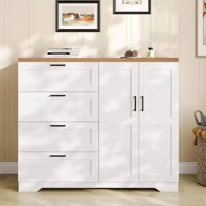 43.3'' Multifunctional Wooden Dresser, Low Storage Cabinet for Bedroom, 2 Door Wardrobe Armoire Closet with 4 Drawers and Hanging Rod