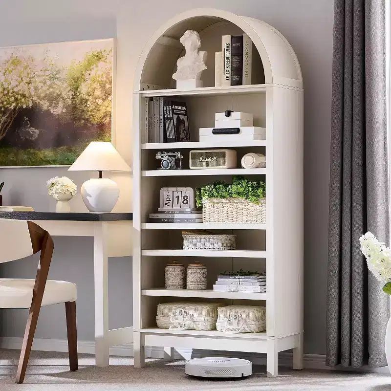 SinCiDo Arched Bookshelf, Modern Farmhouse Bookshelf Storage Cabinet w/Adjustable Shelves, Wood Bookshelf w/Open Display Shelf for Home Office