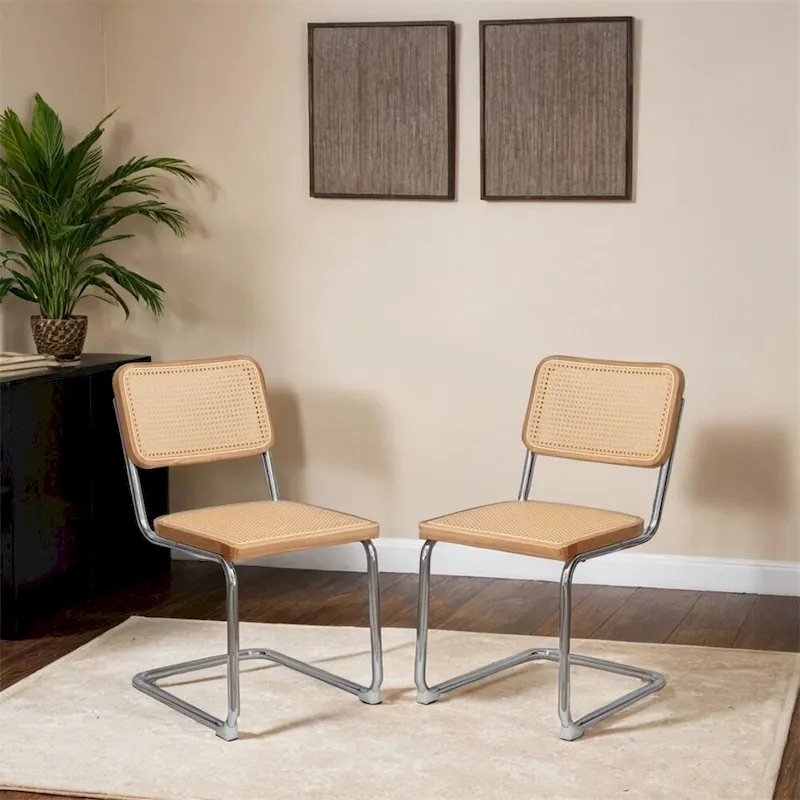 Rattan Dining Chairs with Chrome Legs, Set of 2