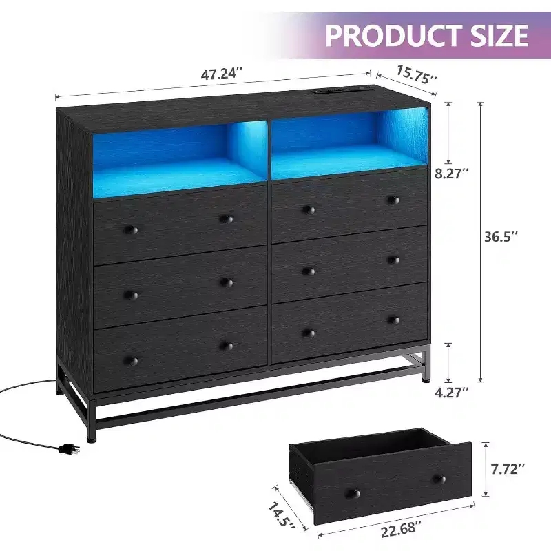 6 Drawers Wood Dresser for Bedroom with Open Shelves,47 Inch Wide,Charging Station