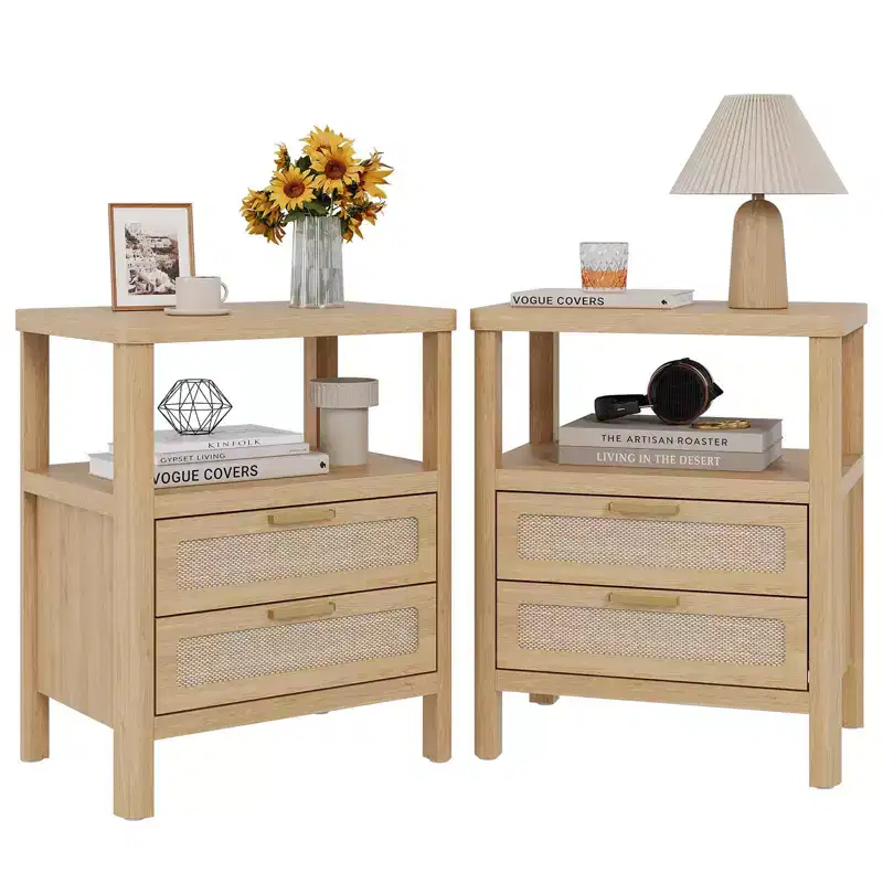 Oak 20 Nightstand Set of 2 C 2-Tier Bedside Tables with Drawer & Shelf for Bedroom
