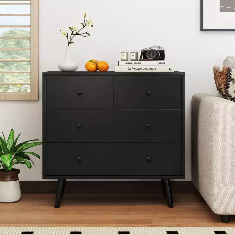 4 Drawer Dresser for Bedroom Wide Chest of Drawers with Metal Guide Rails Teak & Black/Walnut/Natural