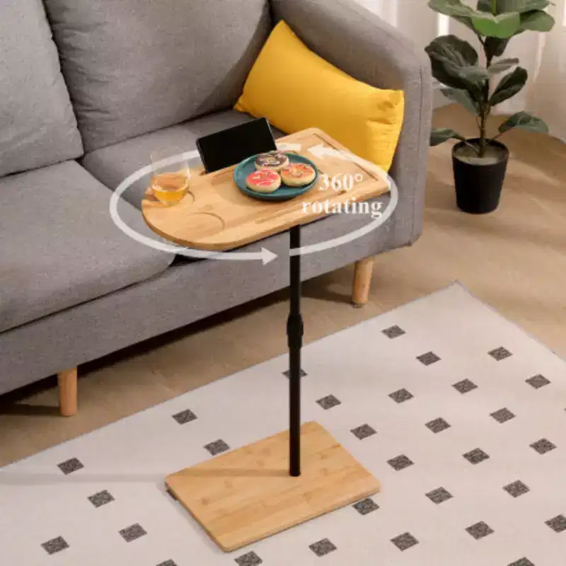 Bamboo Height Adjustable Couch Tray Table, C-Shaped Oval End Table with Slots, Side Table for Sofa, Bed & Chair in Living Room Bedroom Office