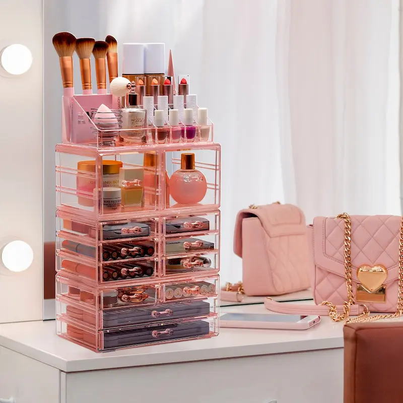 Clear Makeup & Jewelry Organizer, 4-Piece Set – Pink / Marble / Purple / Black / Teal