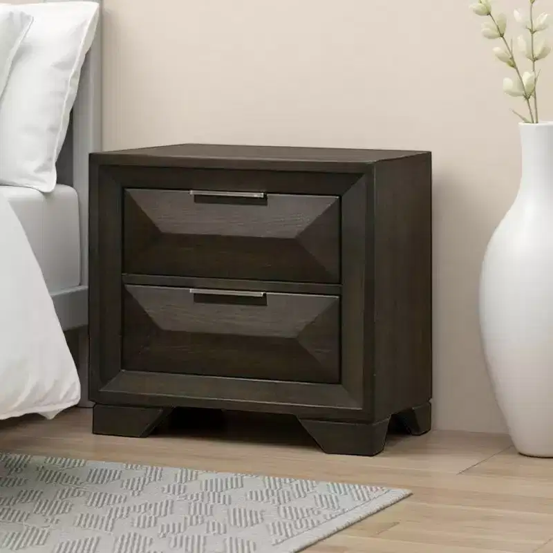 Nightstand with 2 Bevel Drawers, Nickel Handles, Espresso Brown Wood