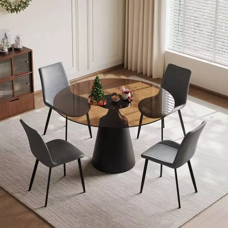 JVNOXK 35-inch Mid-Century Modern Round Dining Table and 4-Chair Set Tempered glass tabletop, gray chairs Suitable for kitchens, black