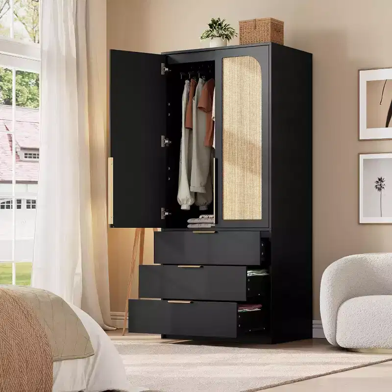 Acekool 69.5 Armoire Wardrobe Closet with 3 Drawers, Rattan Door, Wooden Storage Cabinet with Hanging Rod, Bedroom Organizer