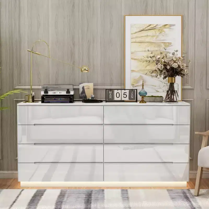 Modern 8-Drawer Chest with LED Base Lighting & High-Gloss Finish, Stylish Home Organizer
