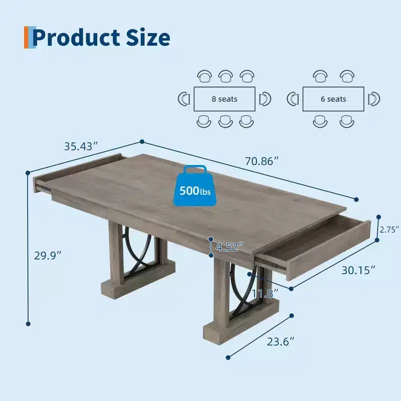 71 Wooden Dining Table for 6-8 People with 2 Large Drawers, Farmhouse Rectangular Kitchen Dining Table & Thick Table Top, for Big Family