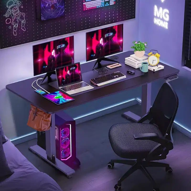 Electric Standing Computer Desk Adjustable Height 63×24 with Outlet Rolling Wheels Dual-Beam Frame Mouse Pad