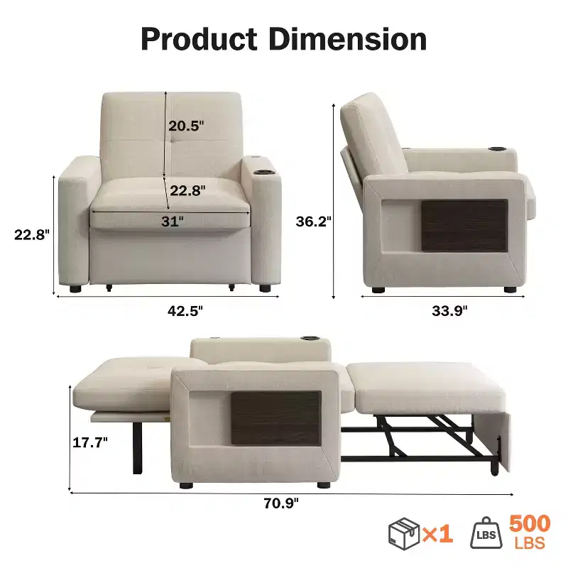 Dyonery 3-in-1 sofa chair bed, 42.5W convertible sleeping chair with pull-out bed and wing table, cup holder, adjustable backrest, side pockets