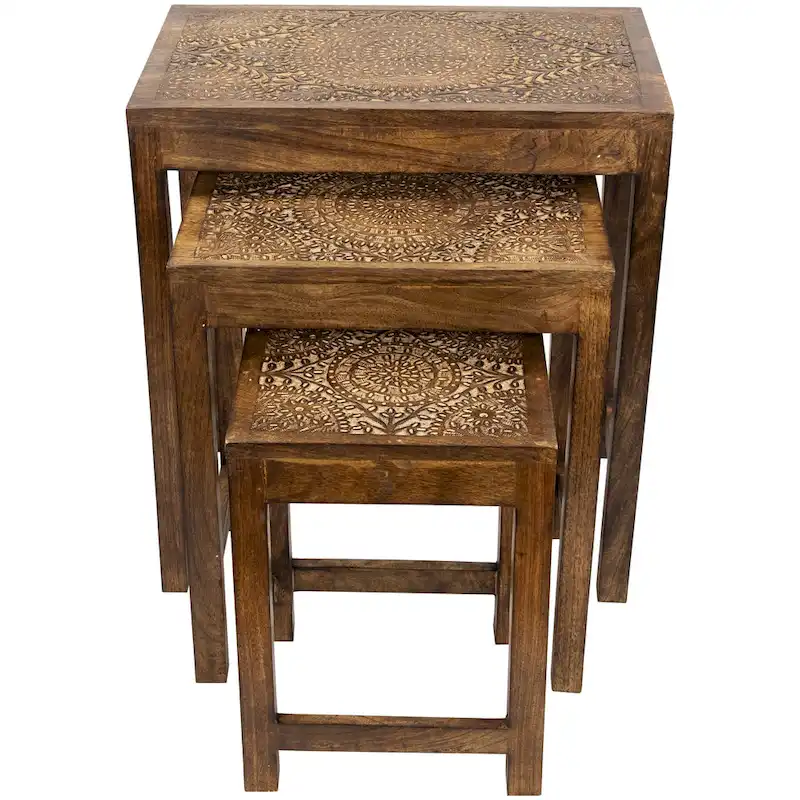 Set of 3 Walnut Brown Stackable Mandala Nesting Tables 24