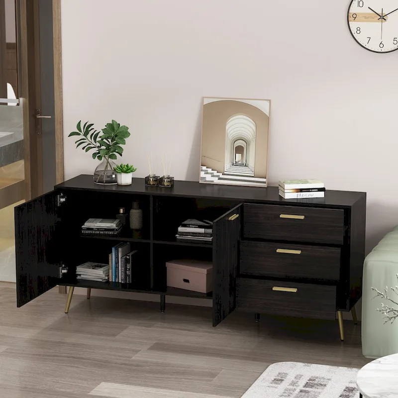Timechee Sideboards Buffets w/ Storage Cabinet Drawers, Espresso/ White - 69L
