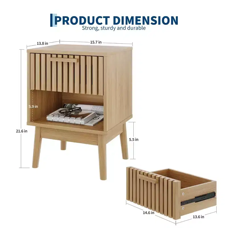 Boho Nightstand with Wood Strip Drawer & Open Shelf, Small Bedside End Table for Bedroom, Living Room & Dorm, Ideal for Small Spaces