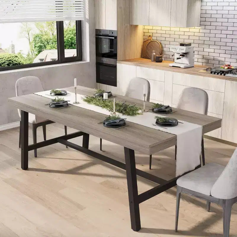 Industrial Dining Table for 6-8 People, 70.87 Long Kitchen Table with Sturdy Metal Frame, for Home Office