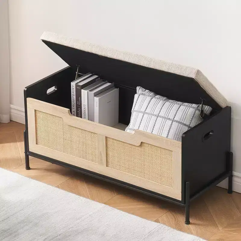 Rattan Storage Bench with Cushion, Toy Box w/2 Safety Hinges, 39.4 Toy Chest for Bedroom, Storage Bench with Storage, Shoe Bench, for Living Room