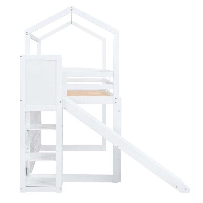 Twin Size Wood Loft Bed with Slide and Storage Shelves
