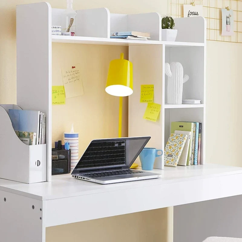 White Desk Hutch Bookshelf with Monitor Opening and Side Shelves for 1 Person