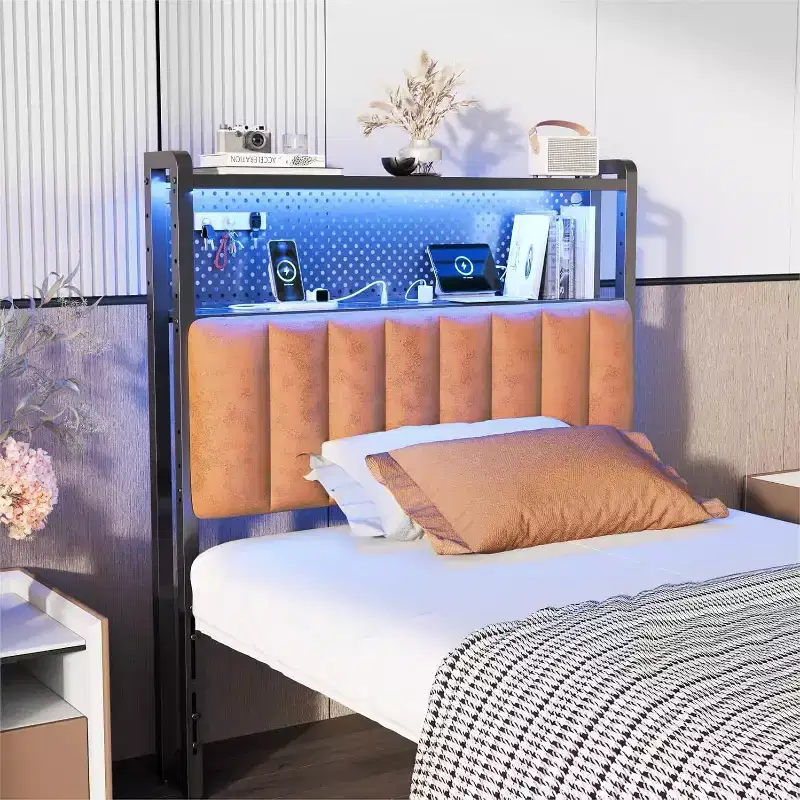 Metal & Upholstered Headboard with 2-Tier Shelves, Pegboard & RGB LED Lights 39.96''W x 45.28''H