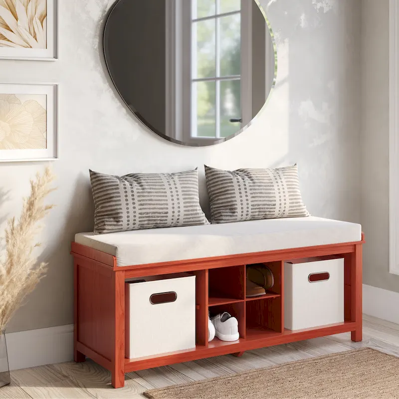 John Louis Home Solid Wood Entryway Bench with 4 Shoe Cubbies Mahogany