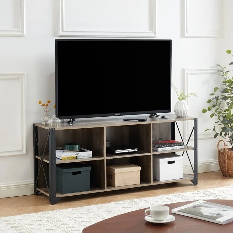 Gray Walnut / Rustic Oak Industrial TV Stand with 6 Shelves