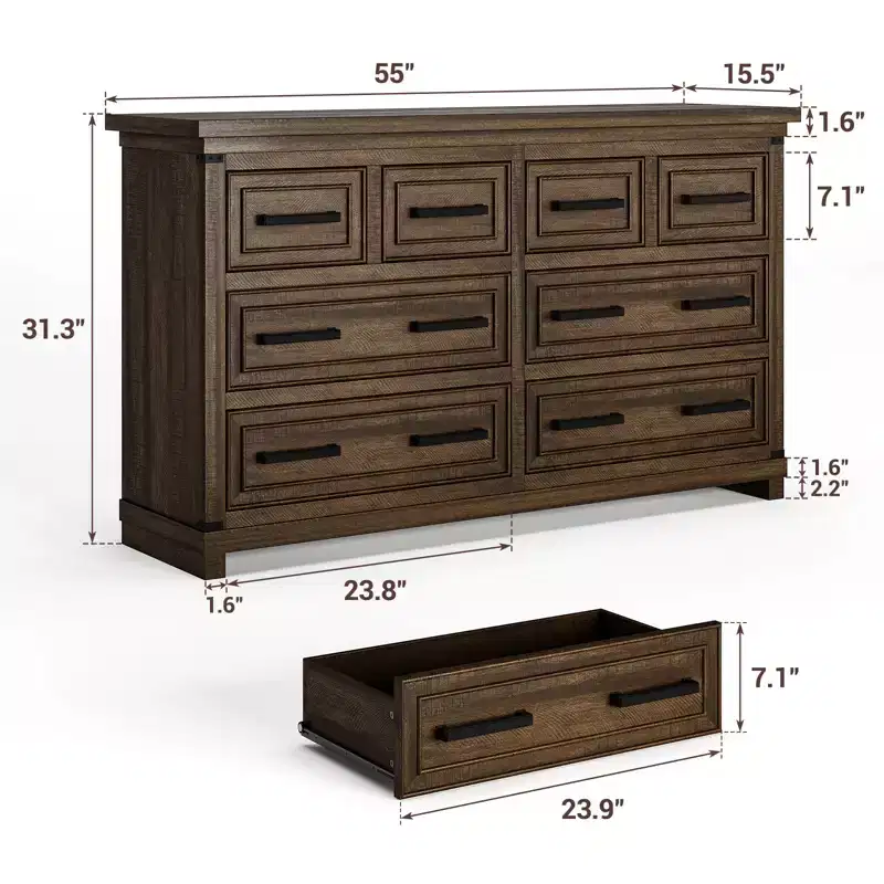 8 Drawer Dresser, 55 Inch Wide Dresser for Bedroom, Farmhouse Chest of Drawer with Metal Handle, Natural Wood Texture Dresser Cabinet