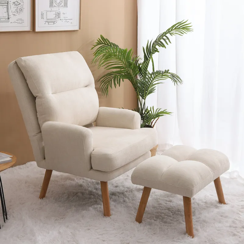 Accent Chair with Ottoman Set, Fabric Armchair with Wood Legs and Adjustable Backrest , Mid Century Modern Comfy Lounge Chair