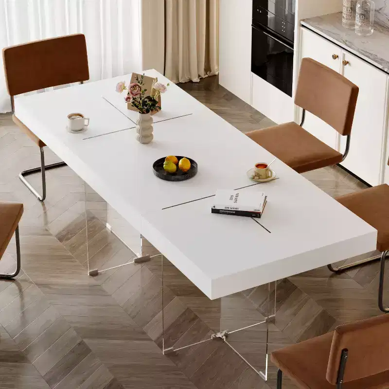 Hitow White Rectangular Dining Table & Conference Table with Tempered Glass Legs