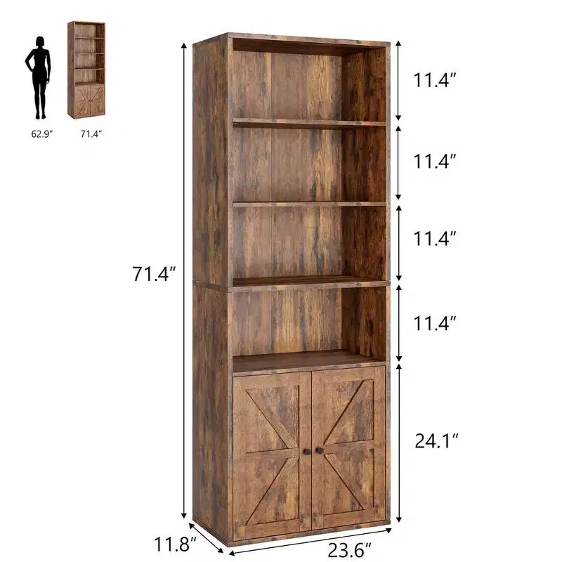Retro Brown 71.4 Tall Farmhouse Bookcase Set of 2 C 6-Tier Industrial Shelves with Barn Doors for Living Room/Bedroom/Office