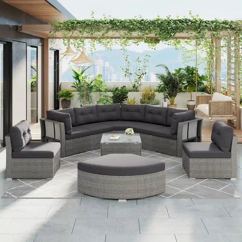 Patio Rattan Furniture Set with Cushions and Center Table
