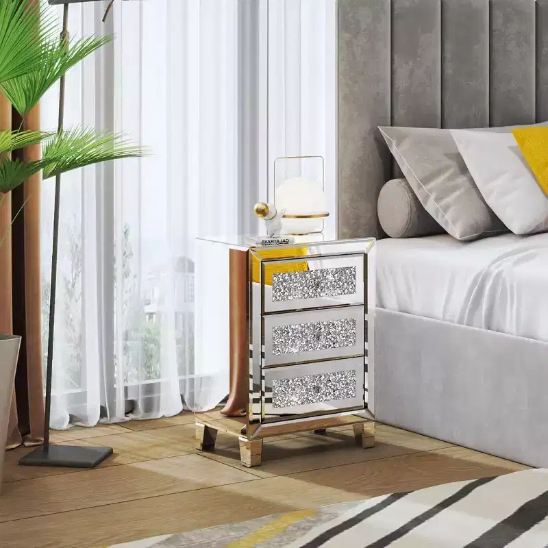 Mirrored Nightstand with 3 Drawers, Modern End Table with Mirrored Finish