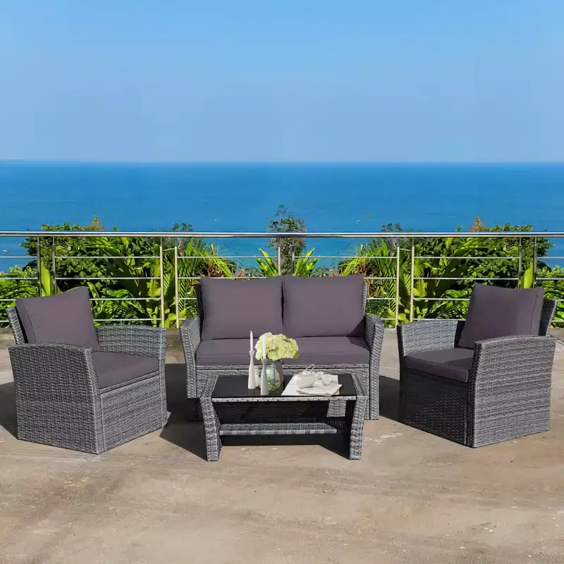 Costway 4PCS Patio Rattan Furniture Set Sofa Table W/Storage Shelf Red\Gray Cushion