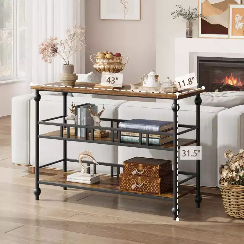 43 Inch Rustic Console Table, 3-Tier Entryway Narrow Sofa Table with Shelves