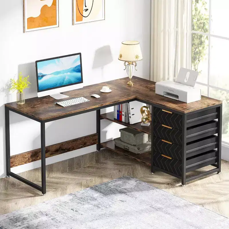 Lantine 59-Inch L-Shaped Computer Desk with Storage Drawers and Shelves, Reversible Corner Desk for Home Office, Brown