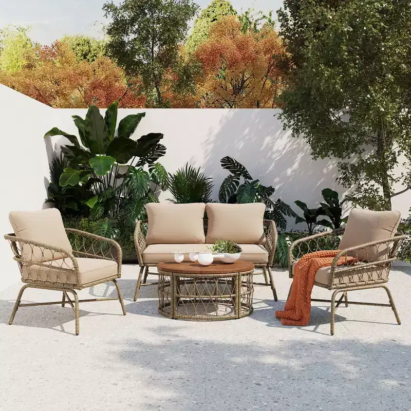 Whisen Weather Resistant Bohemia Wicker Patio Furniture Set Outdoor Seating Set Outdoor Sofa Chair With Removable Cushions and Wood Tabletop - Beige