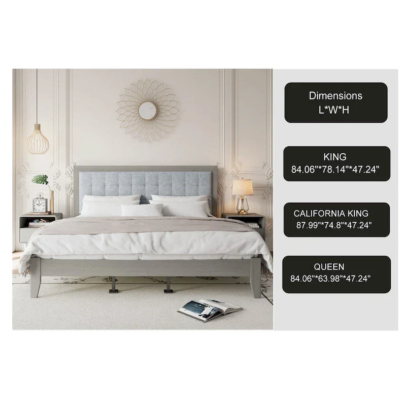 Grey Fabric Square-Tufted Platform Bed – King, Sleeps 2