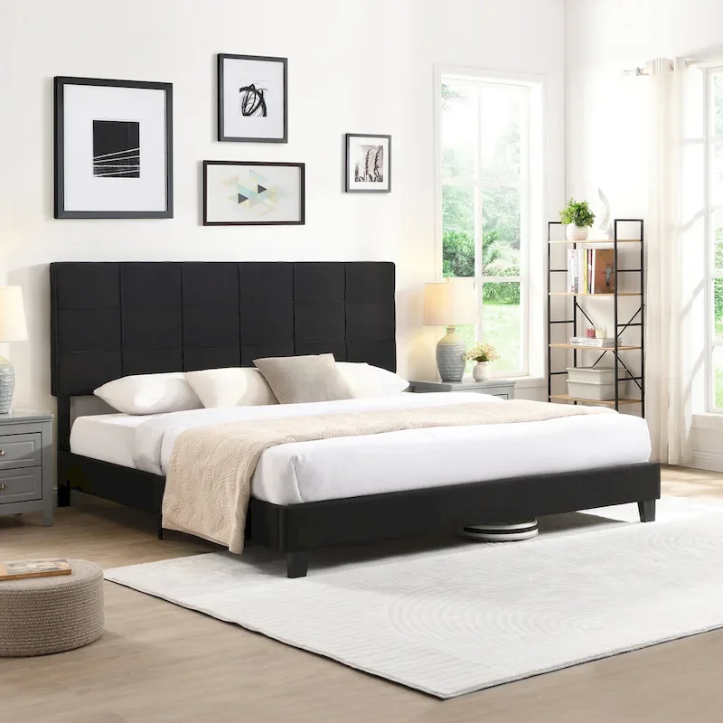 King Size Upholstered Bed with Linen Fabric Headboard