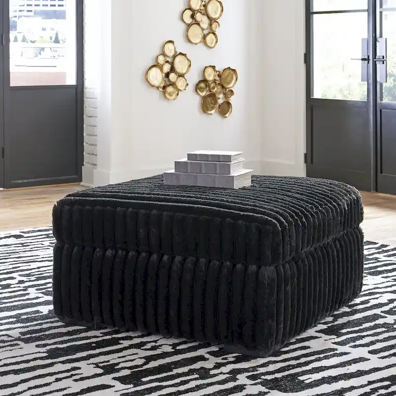 Black Oversized Accent Ottoman with Jumbo Corduroy Upholstery