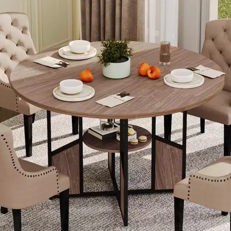 59 Inch Round Dining Table for 4-6, Circle Kitchen Dining Table With 2-Layer Storage Shelf and Cross Base, Large Round Table With Wood and Iron Frame