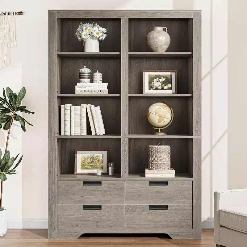 72 Tall Book Shelf with Storage, Farmhouse Floor Standing Bookcase,Book Shelf with 4 Drawers, Freestanding Display Storage Shelves for Home Offices