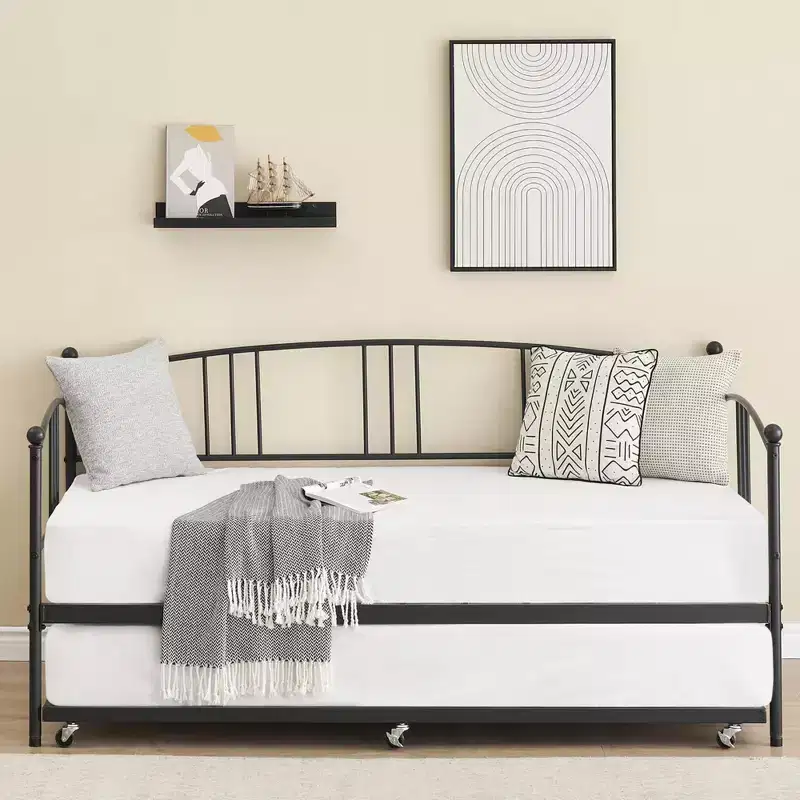 Daybed with Trundle, Sturdy Metal Day Bed with Steel Slat Support, Trundle Bed Twin with Arched Headboard, SofaBed for Living Room, Bedroom
