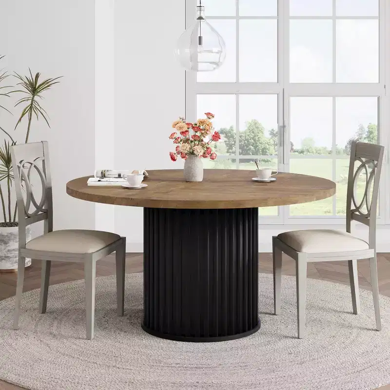 47 Round Dining Table for 4-6 People, Dining Room Table with Waveform Metal Pedestal Base, Farmhouse Circle Kitchen Table for Dining Room, Kitchen