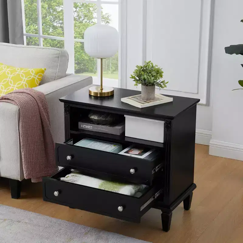 Mid-Century Modern Nightstand with Charging Station LED/Night Light 2-Drawer Fluted Design Lockable Solid Wood (W1693P216933)