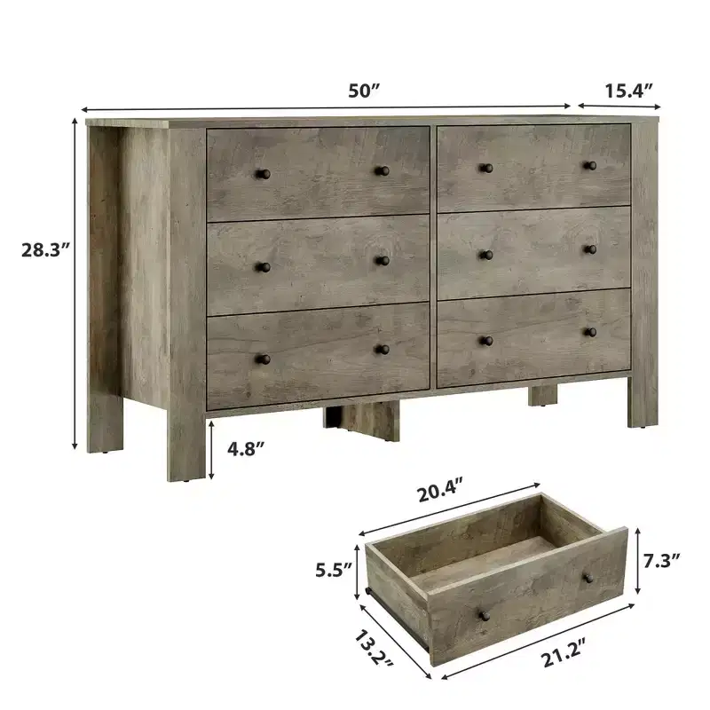 Modern 6-Drawer Wide Dresser | Wooden Storage Organizer Chest for Bedroom, Entryway, Hallway & Home Office | Multi-Functional Furniture