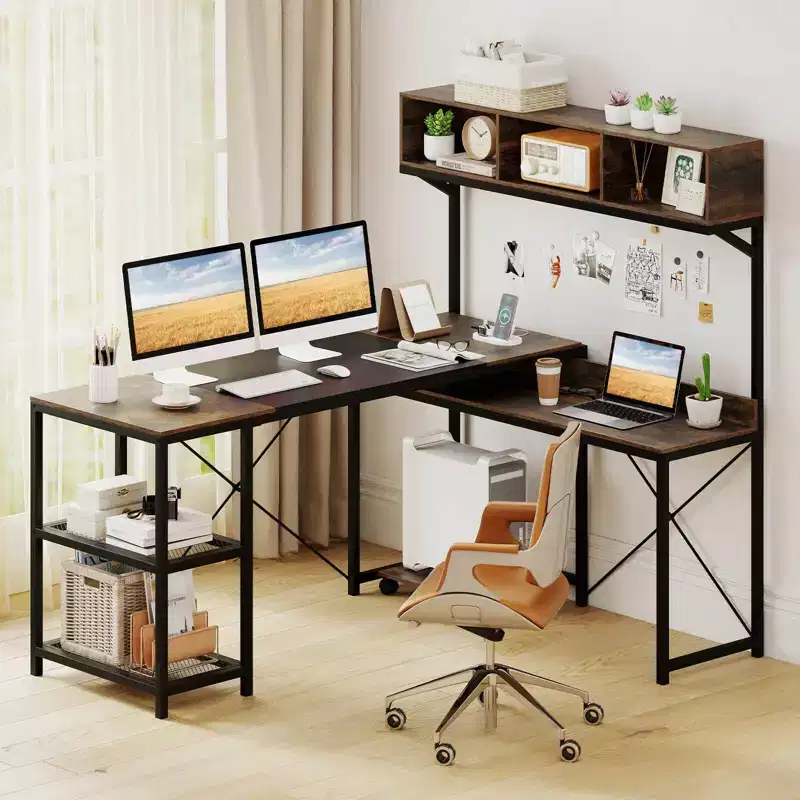Costway L-Shaped Computer Desk with Power Outlets, 62 Corner Desk with Storage Hutch