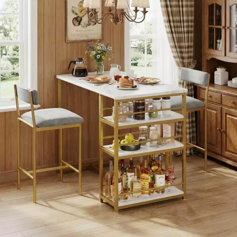 Dining Table Set for 2, Counter Height Kitchen Table with 2 Upholstered Bar Stools ,Dining Table and Chairs Set with Storage Shelves